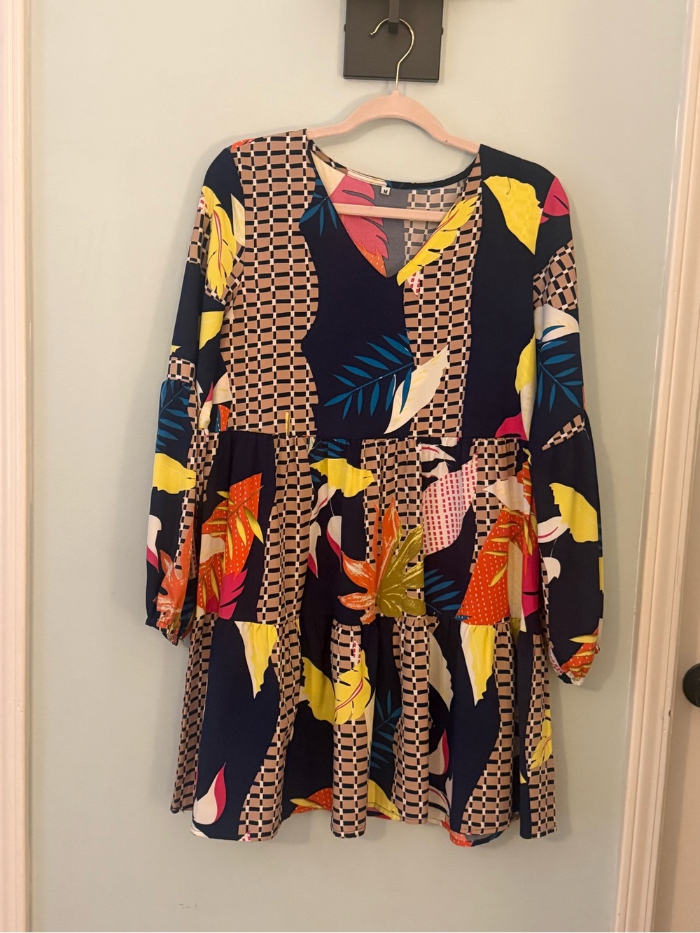 Amazon Essentials Navy Mixed Floral Patchwork Long Sleeve Dress